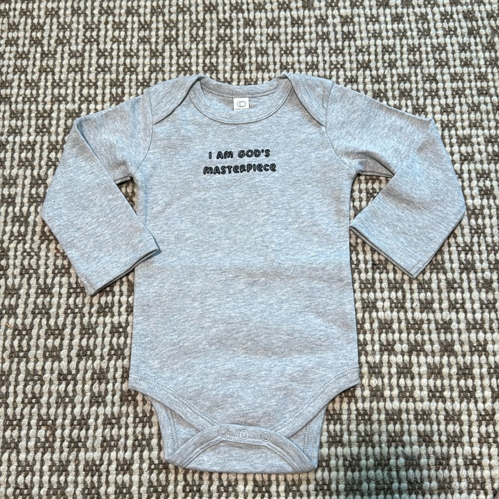 Colored organics custom made I am gods masterpeice onesie